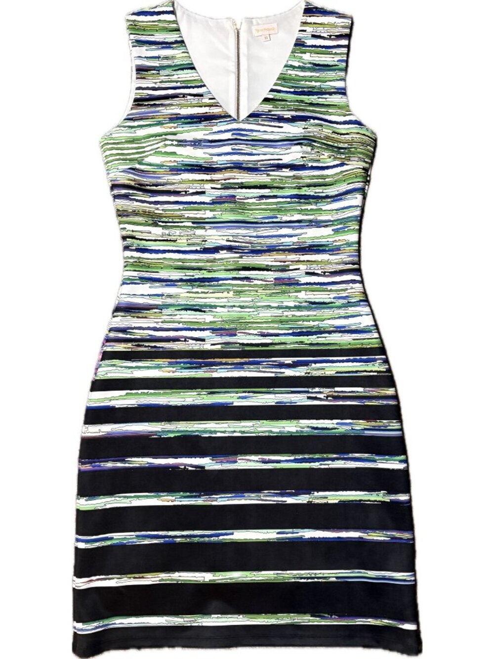 Reine Francaise 10 Sleeveless Sheath Dress Stretch Midi V Neck Striped Green